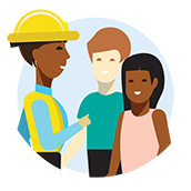 Construction worker talking to two people